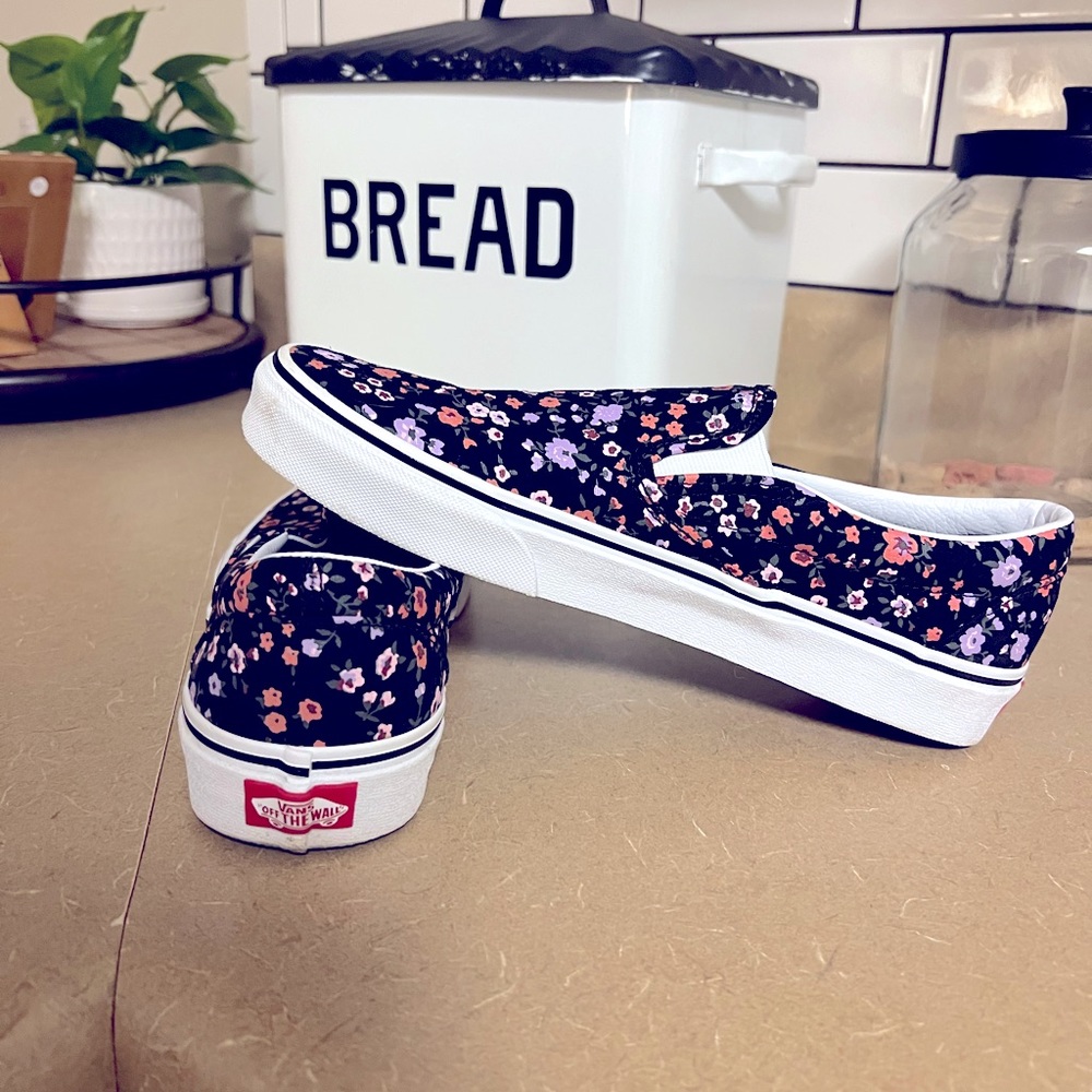 These are Black Floral Slip-on Vans. They are in pristine shape.